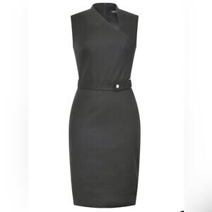 Forcast Elka Belted Pencil Dress in Black | Asymmetrical Neckline Midi